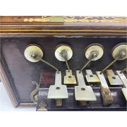 19th Century inlaid rosewood Flutina accordion, stamped Busson of Paris, having sixteen mother of pearl keys and six fold floral decorated bellows L30cm; in baize lined mahogany box